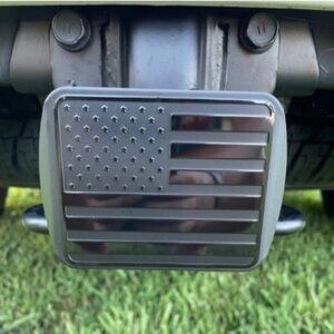 USA Black Metal Flag Hitch Cover with Pin Bolt (Black, Fits 2.5" Receiver)